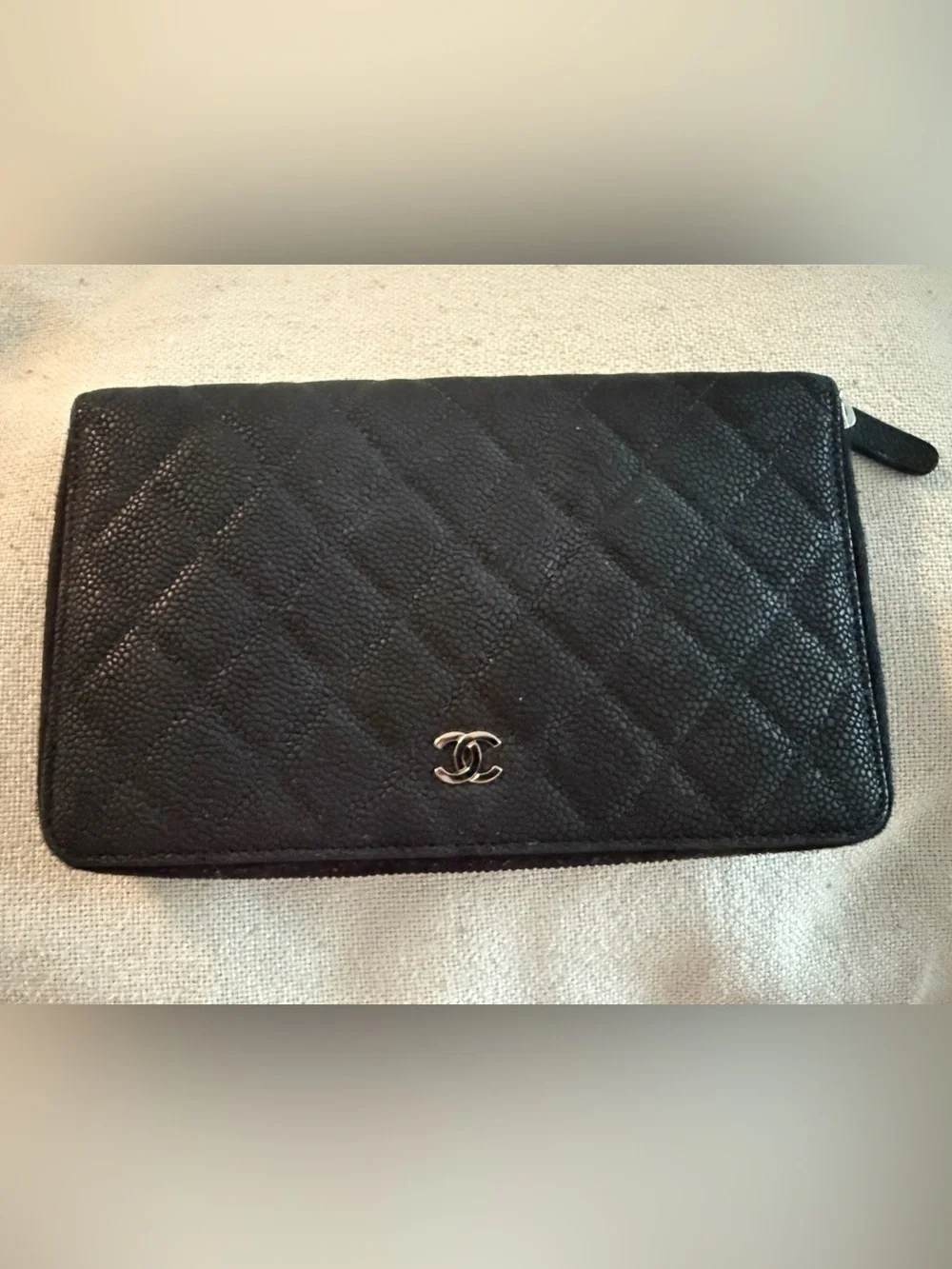 CHANEL Caviar Quilted Large Zip Around Organizer Wallet, Black w/ Silver CC Logo
